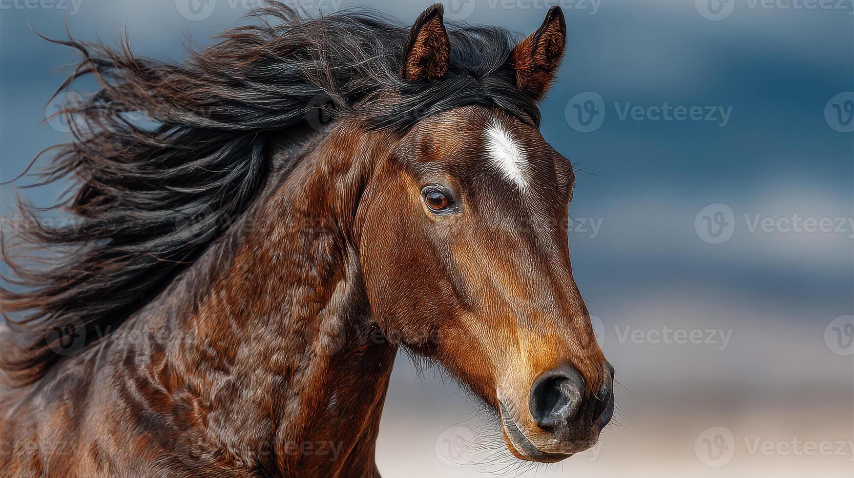 Majestic horse with flowing mane stands against a backdrop of dramatic clouds by the shoreline during golden hour photo