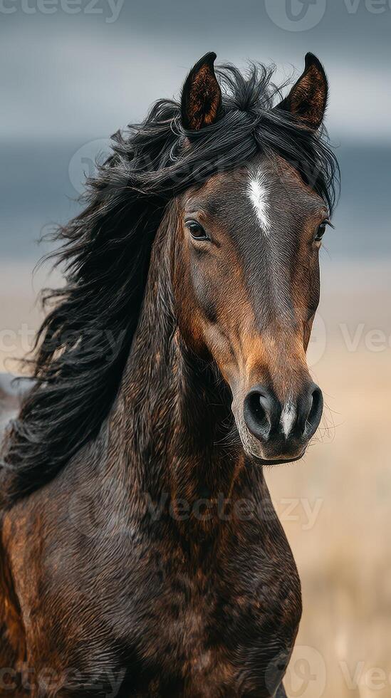 Majestic brown horse with flowing mane standing in an open field under moody skies during golden hour photo