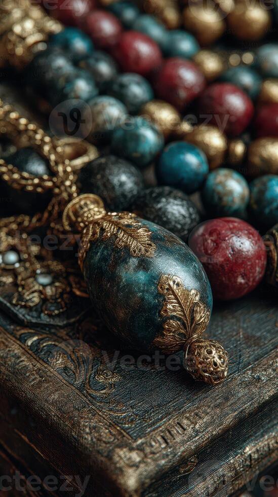 Intricate handmade jewelry displayed on an ornate surface during a creative market in a vibrant, cultural setting photo
