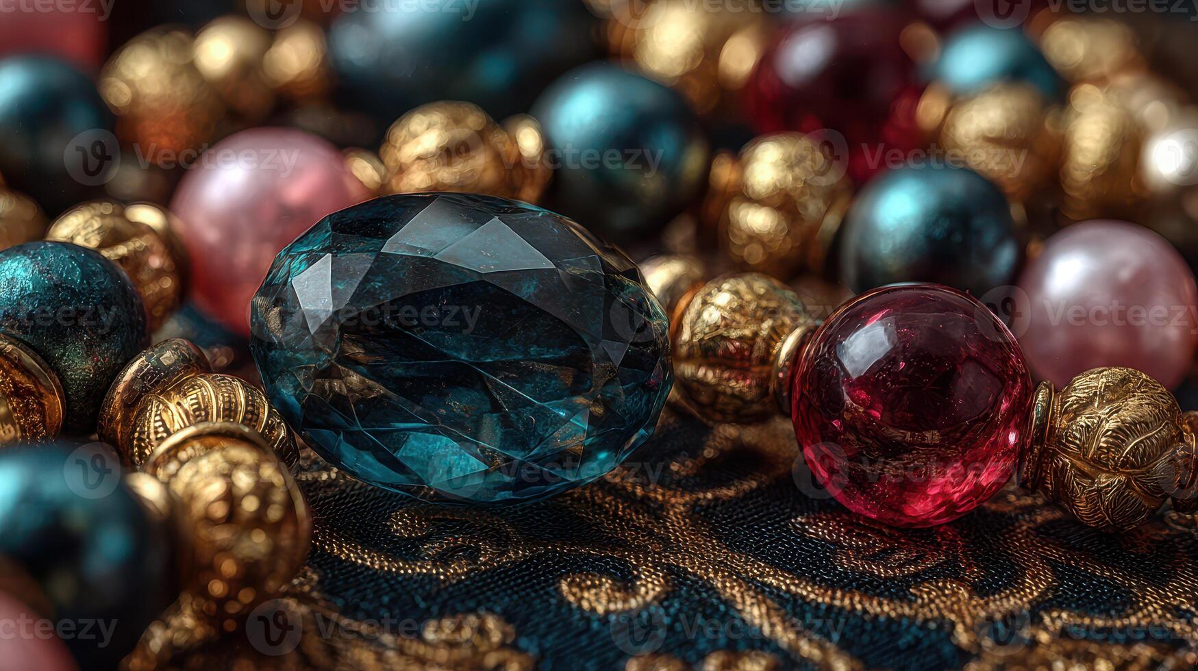 Colorful and elegant jewelry beads displayed on fabric in a close-up shot showcasing intricate designs and textures photo