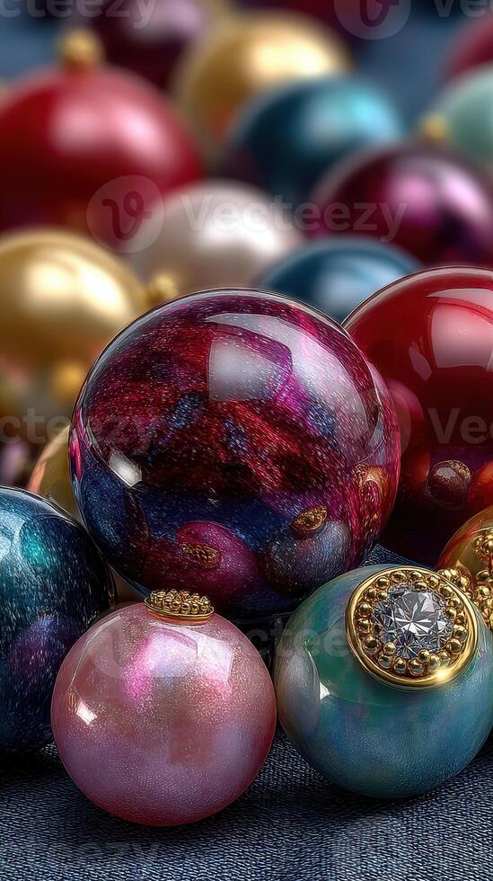 Colorful decorative ornaments arranged artistically on a textured surface during festive preparations in a cozy setting photo