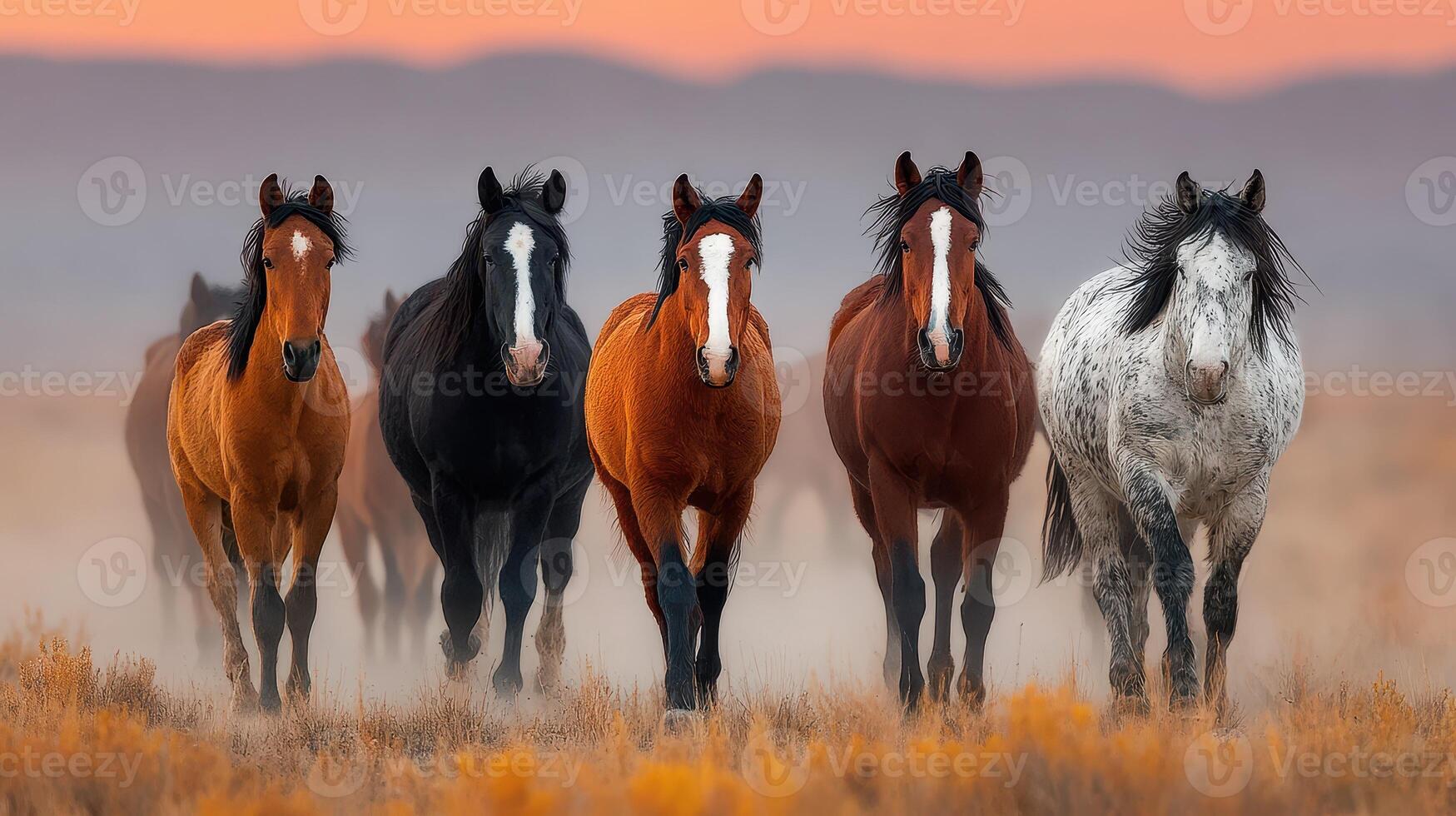 Horses walking through a golden field during sunset in the countryside photo