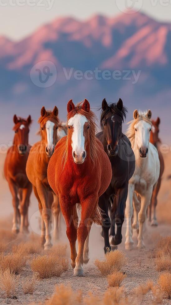Majestic horses galloping through desert landscape at sunset near mountain range photo