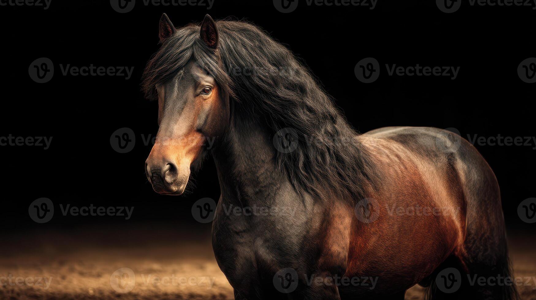 Majestic horse with flowing mane standing powerfully in low light environment photo