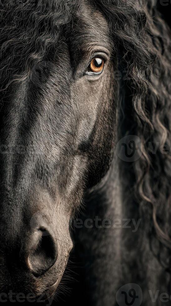 Close-up of a majestic black horse with curly mane gazing confidently at the viewer in soft lighting photo