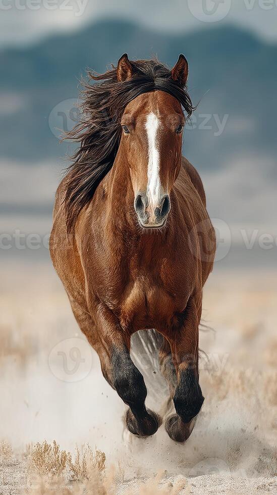 Galloping brown horse in a sweeping landscape under a clear sky during a bright afternoon photo