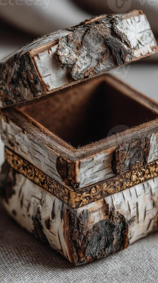 Rustic birch wood box with detailed carvings, perfect for storing small treasures or keepsakes photo