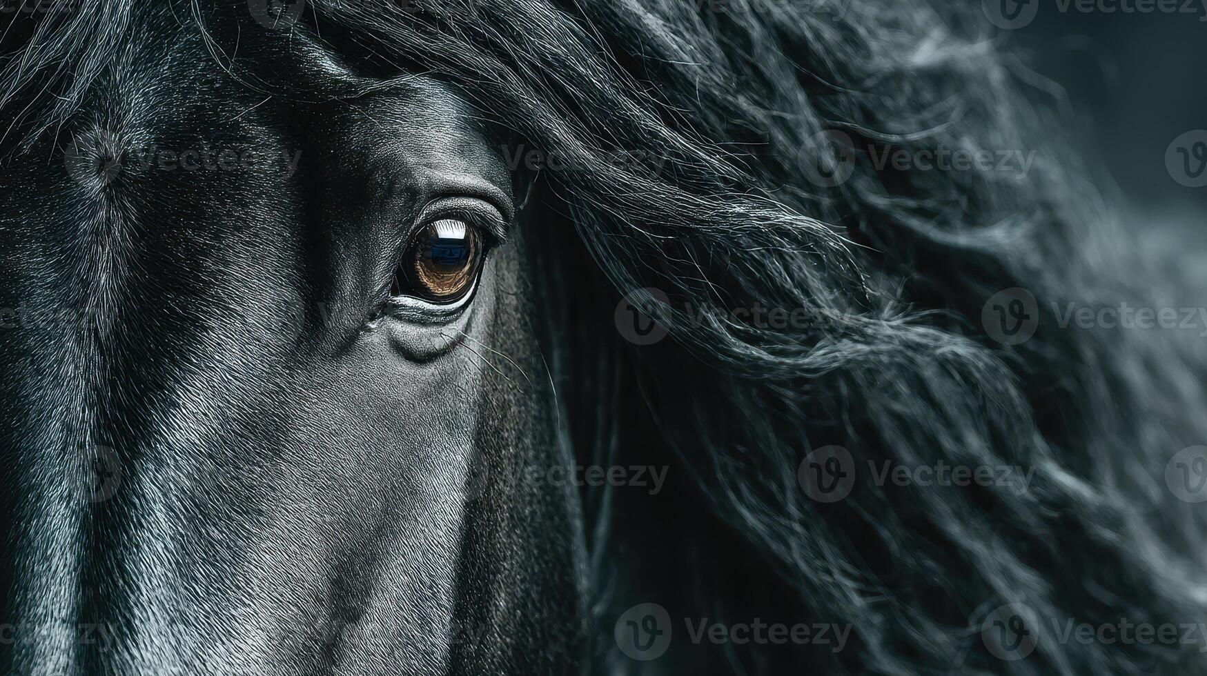 Close-up of a majestic black horse showcasing its flowing mane and expressive eye in natural light photo