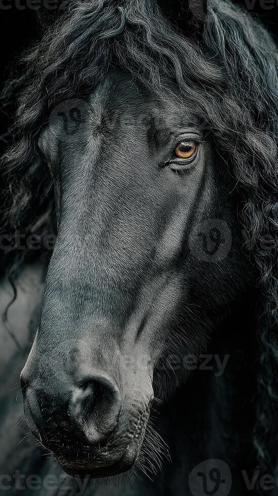Majestic black horse with curly mane showcases striking features in a dramatic close-up photo