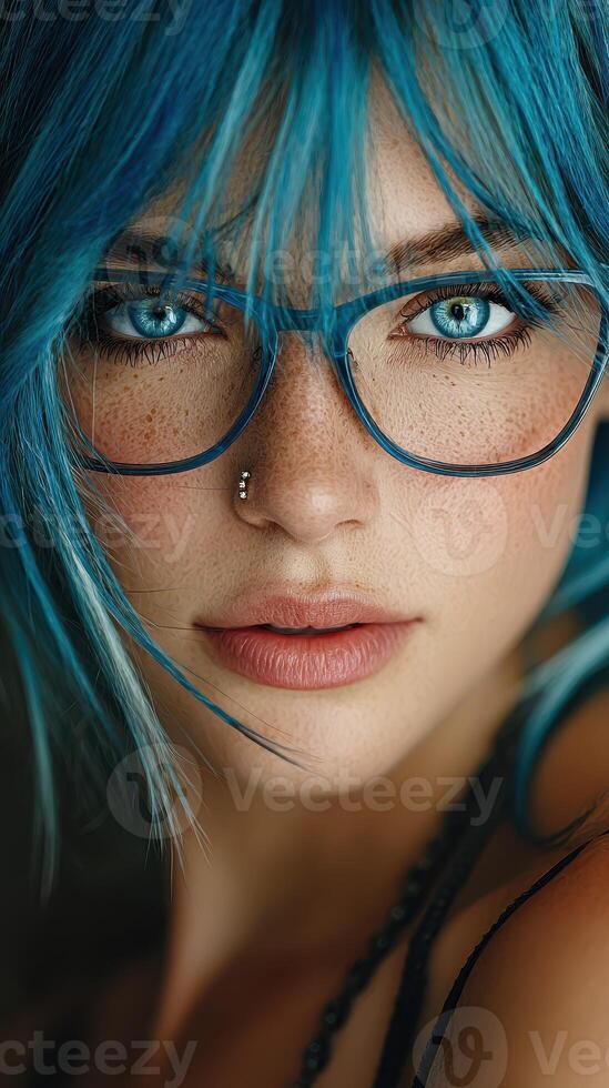 Young woman with blue hair and glasses posing with confidence in a close-up portrait, showcasing her striking features and unique style photo