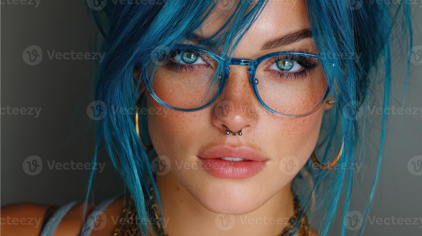 Young woman with vibrant blue hair and glasses posing confidently in a stylish indoor setting during the evening photo