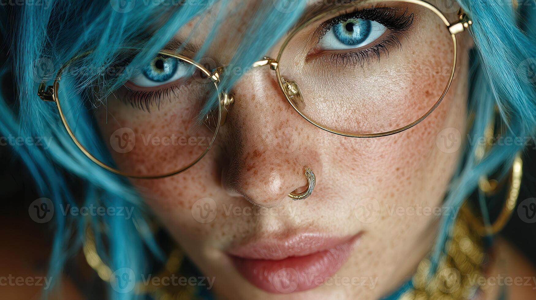 Blue haired individual with striking glasses and freckles poses for a close-up, showcasing unique features and vibrant style photo