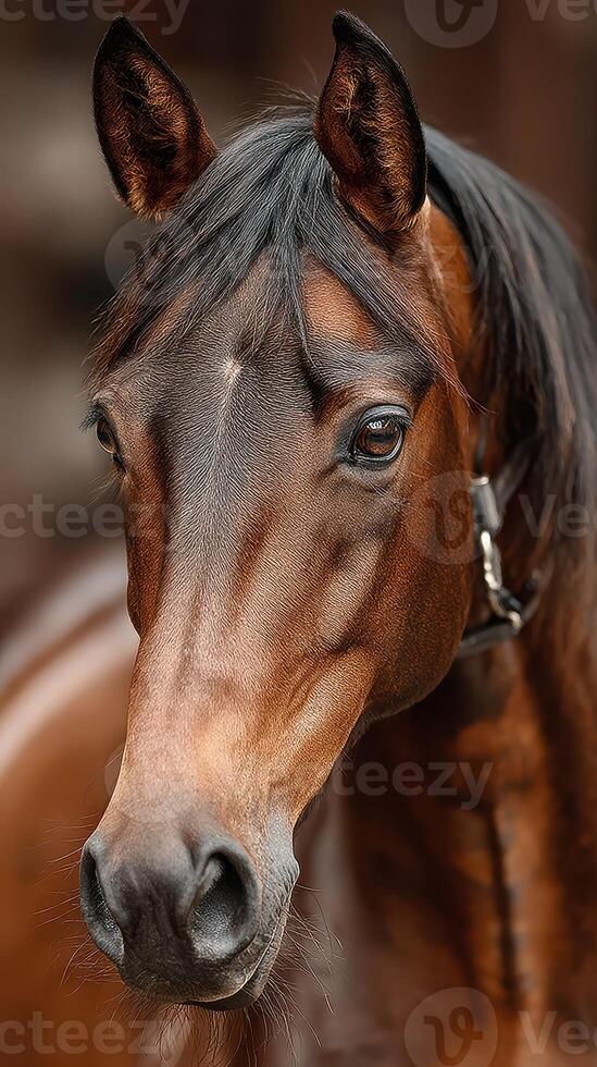 Beautiful brown horse with shiny coat posing against rustic background during golden hour photo