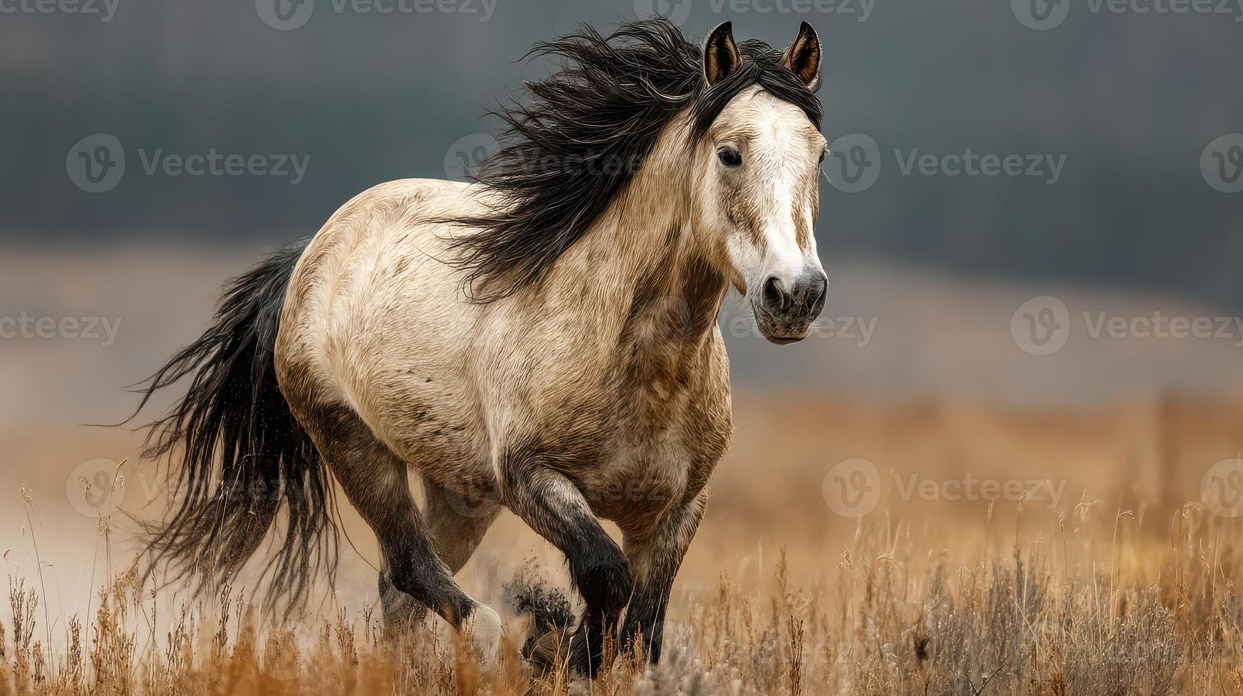 Beautiful white horse galloping in open grassland under cloudy sky during early morning light photo
