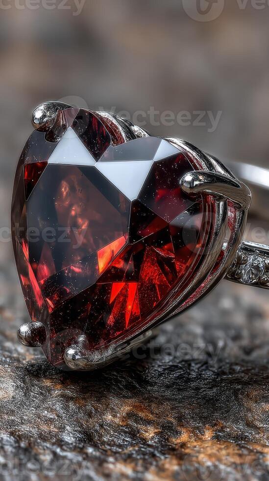Heart-shaped red gemstone ring with intricate design displayed on a textured surface photo