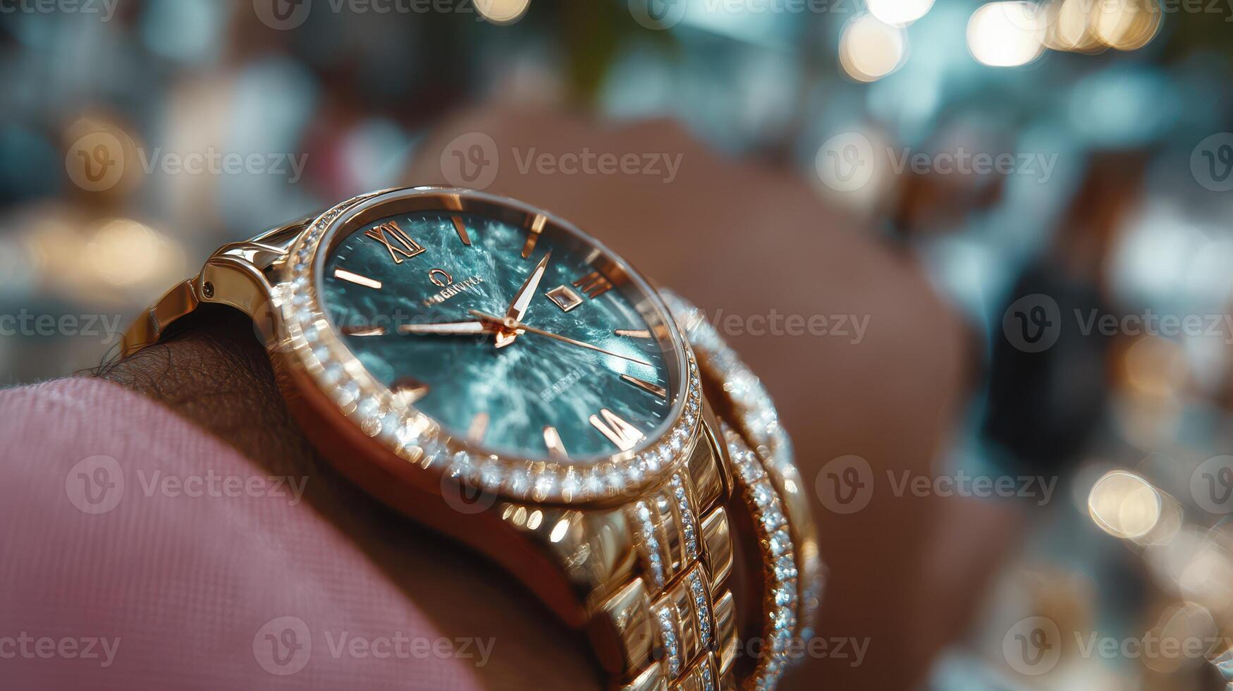 Elegant luxury watch shines in lavish setting during festive gathering with warm ambiance photo