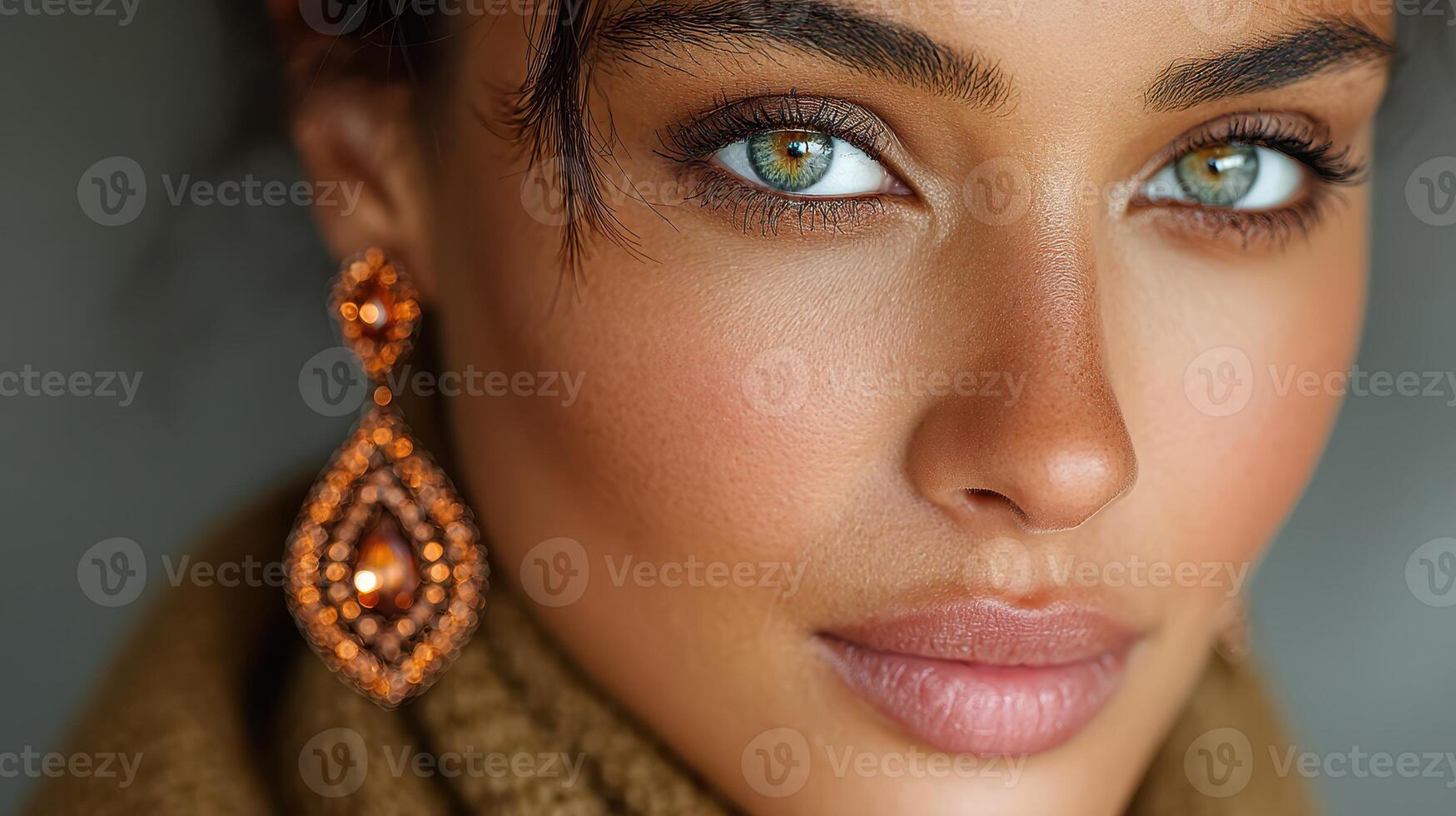 Portrait of a woman showcasing striking features and elegant jewelry in a soft light environment photo
