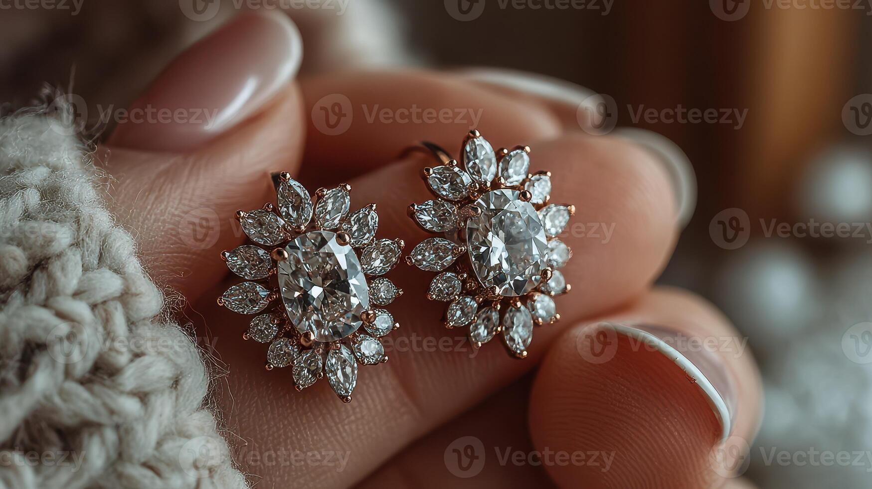 Elegant earrings with diamond-like stones captured in a soft, cozy setting with gentle lighting highlighting their brilliance photo