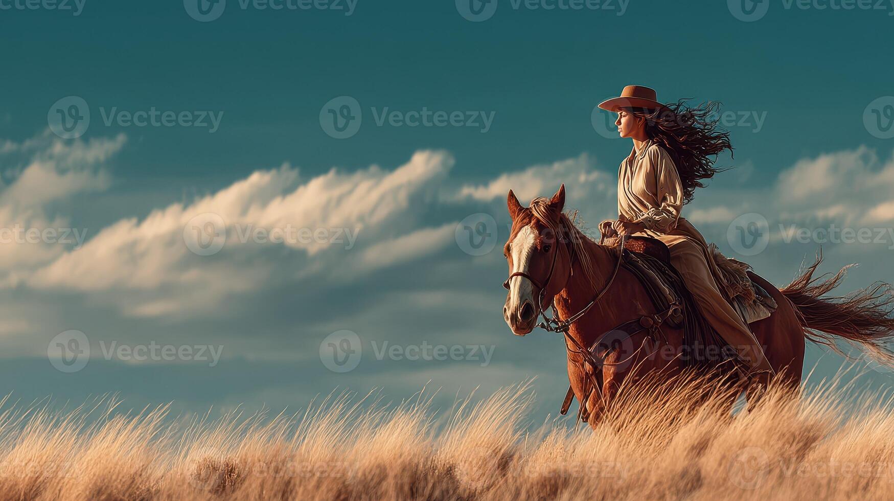 Rider on horseback enjoying the open fields under a dramatic sky at sunset photo