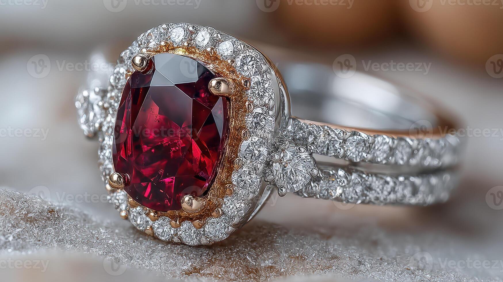 Elegant ruby engagement ring adorned with sparkling diamonds in a close-up view on textured surface photo