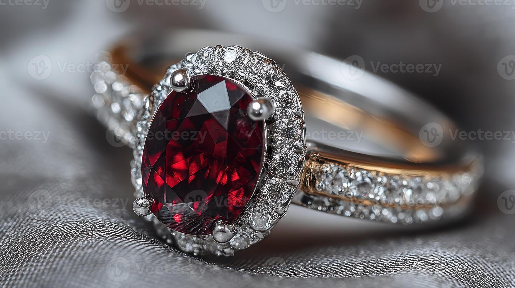 Elegant ruby ring with intricate diamond detailing sits on a soft surface, showcasing exquisite craftsmanship and design photo
