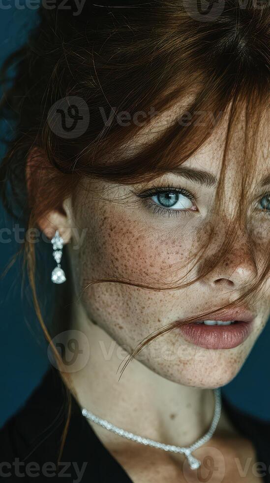 Stunning close-up portrait of a young woman with striking blue eyes and freckles, showcasing elegant jewelry against a dark background photo