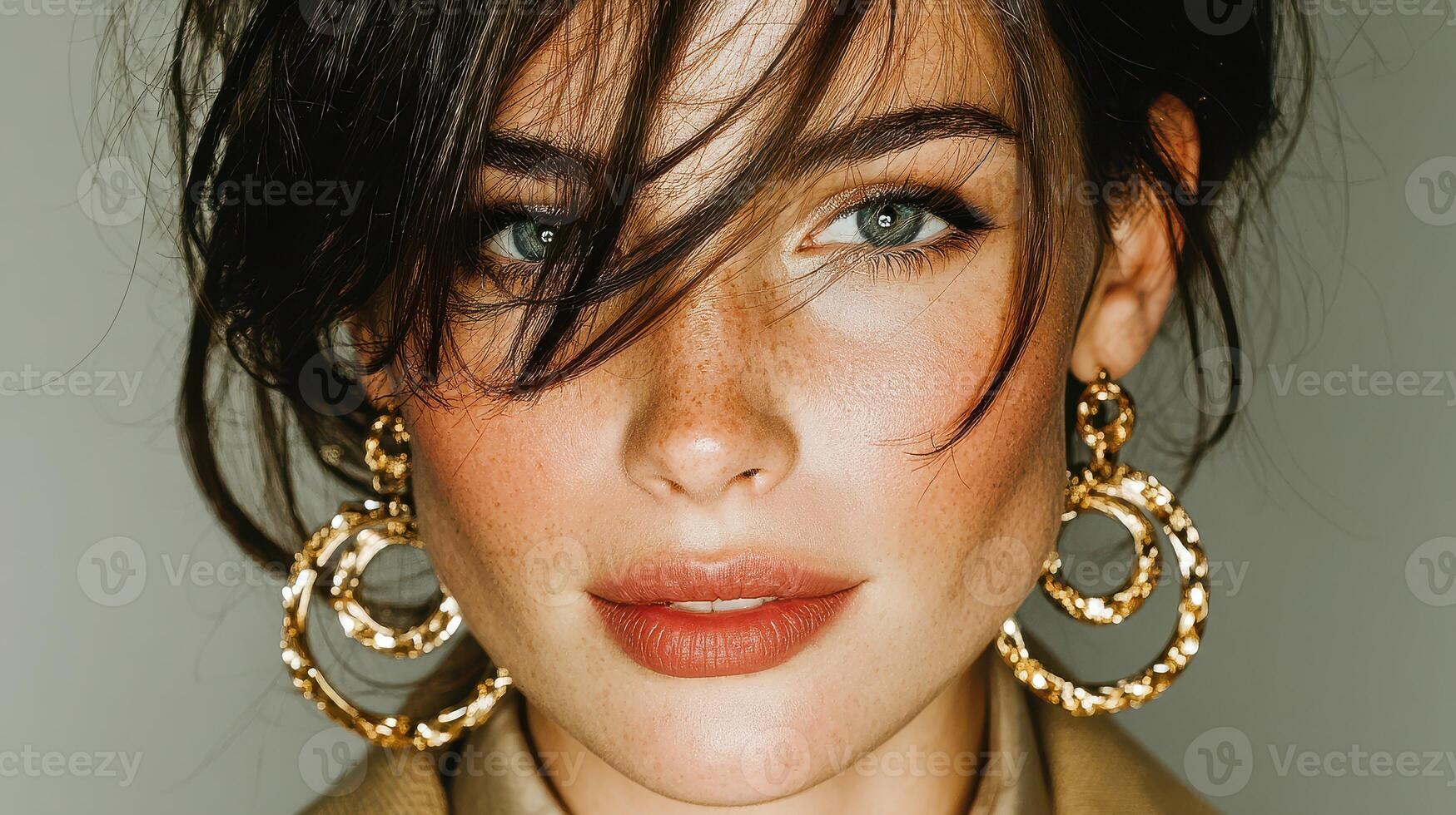 Close-up portrait of a stylish woman with striking features and elegant earrings set against a neutral background photo