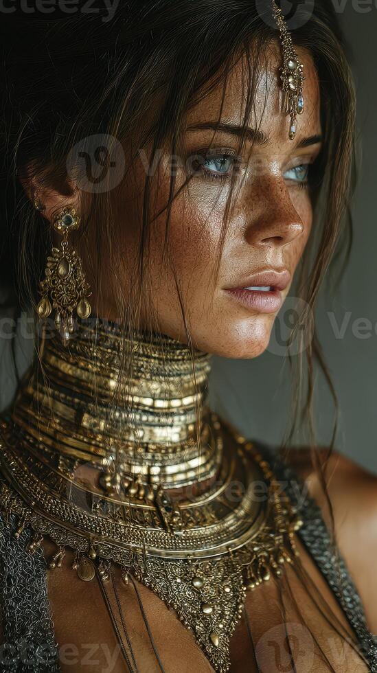 Woman adorned in intricate jewelry poses elegantly against a muted background in soft natural light photo
