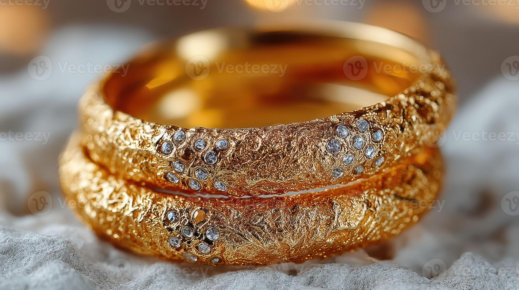 Elegant gold rings with diamond accents resting on textured surface in soft light photo
