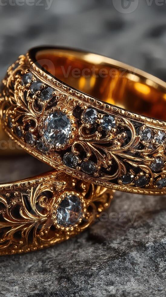 Elegant golden rings with intricate designs and sparkling gemstones displayed on a textured surface during daylight photo