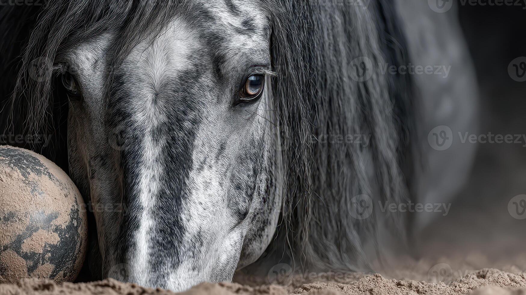 Close-up of a gray horse interacting with a ball in a sandy environment during daylight photo