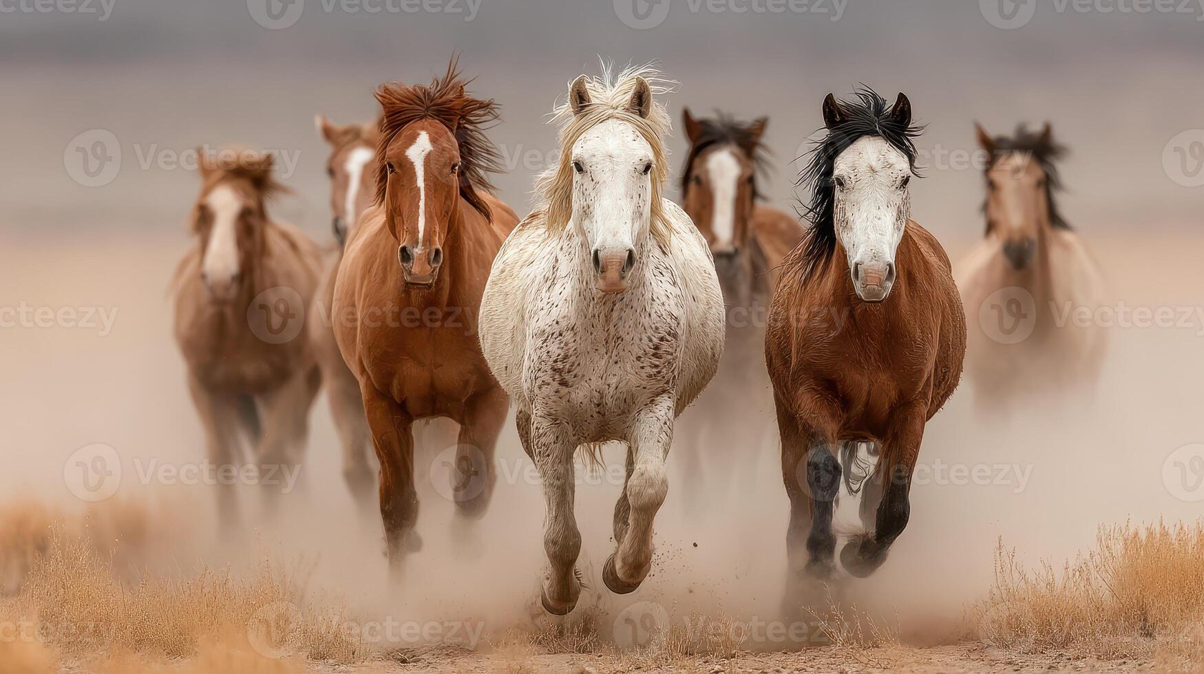 Herd of wild horses galloping through dusty landscape at sunset in an open field in nature photo