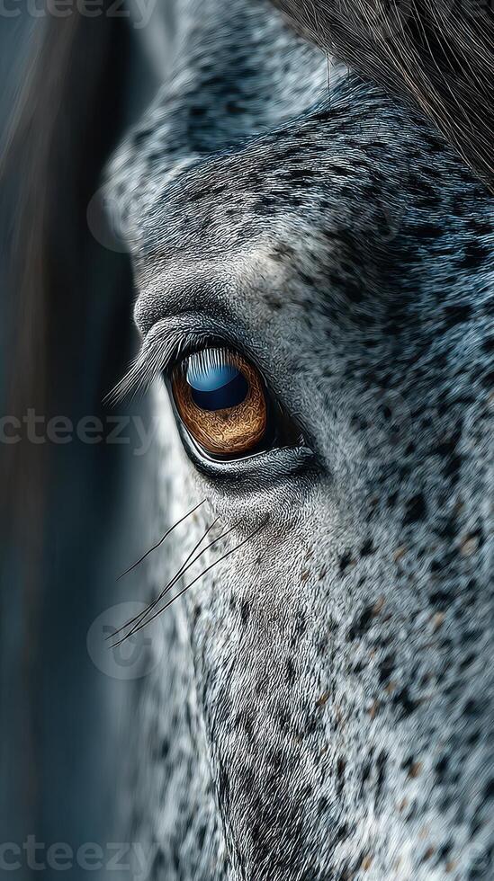 Close-up of a horse's striking eye showing intricate details and textures in late afternoon light photo