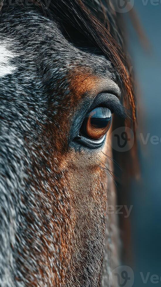 Beautiful close-up of a horse's eye showcasing intricate details and vibrant colors in natural light photo