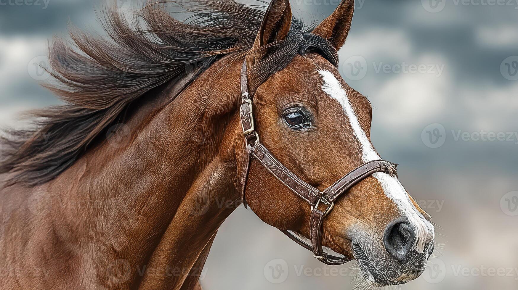 Majestic chestnut horse with flowing mane against a dramatic sky backdrop in nature photo