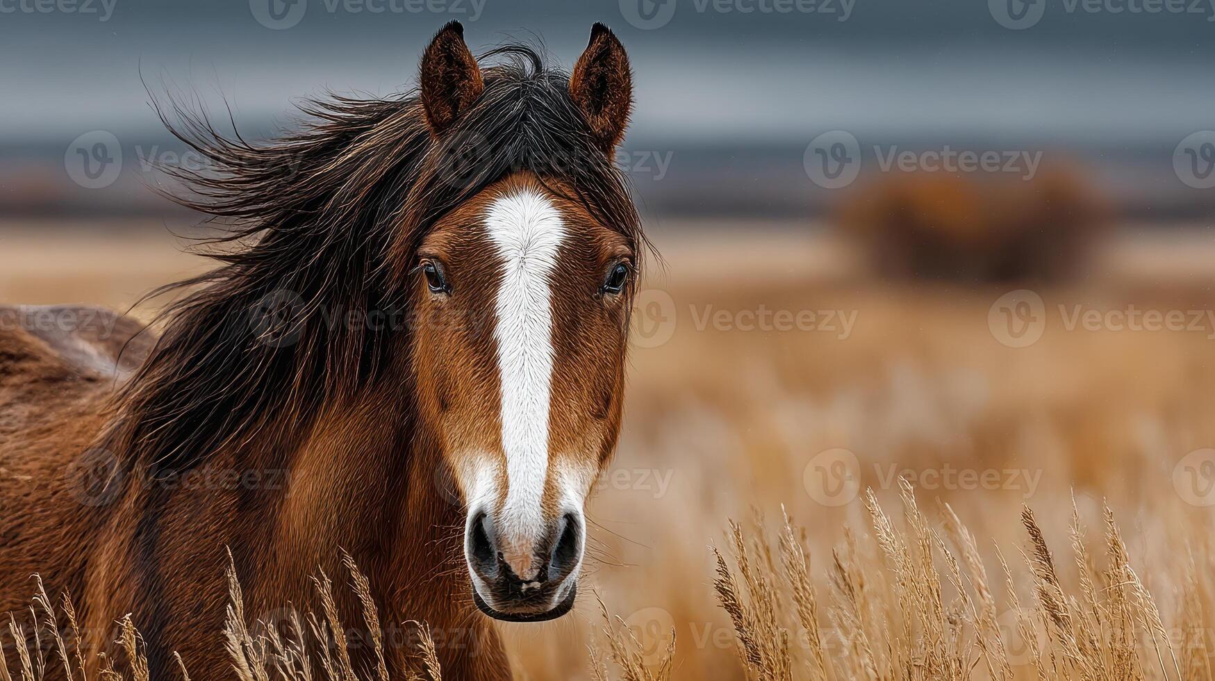 Horse stands proudly in a golden field under a dramatic sky during the late afternoon light photo