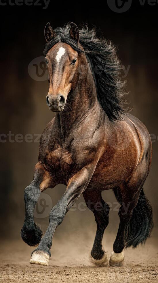Majestic brown horse galloping with powerful stride in soft sand during a golden sunset photo
