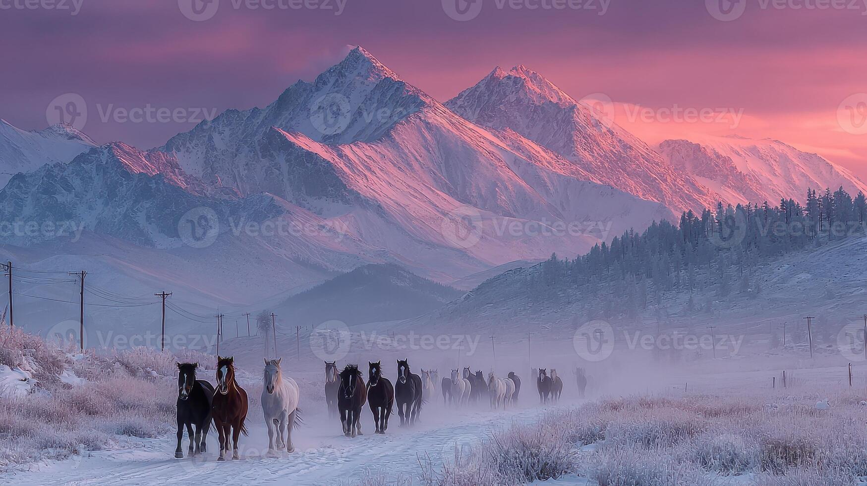 Herd of horses walking through snowy landscape at dawn near majestic mountains photo