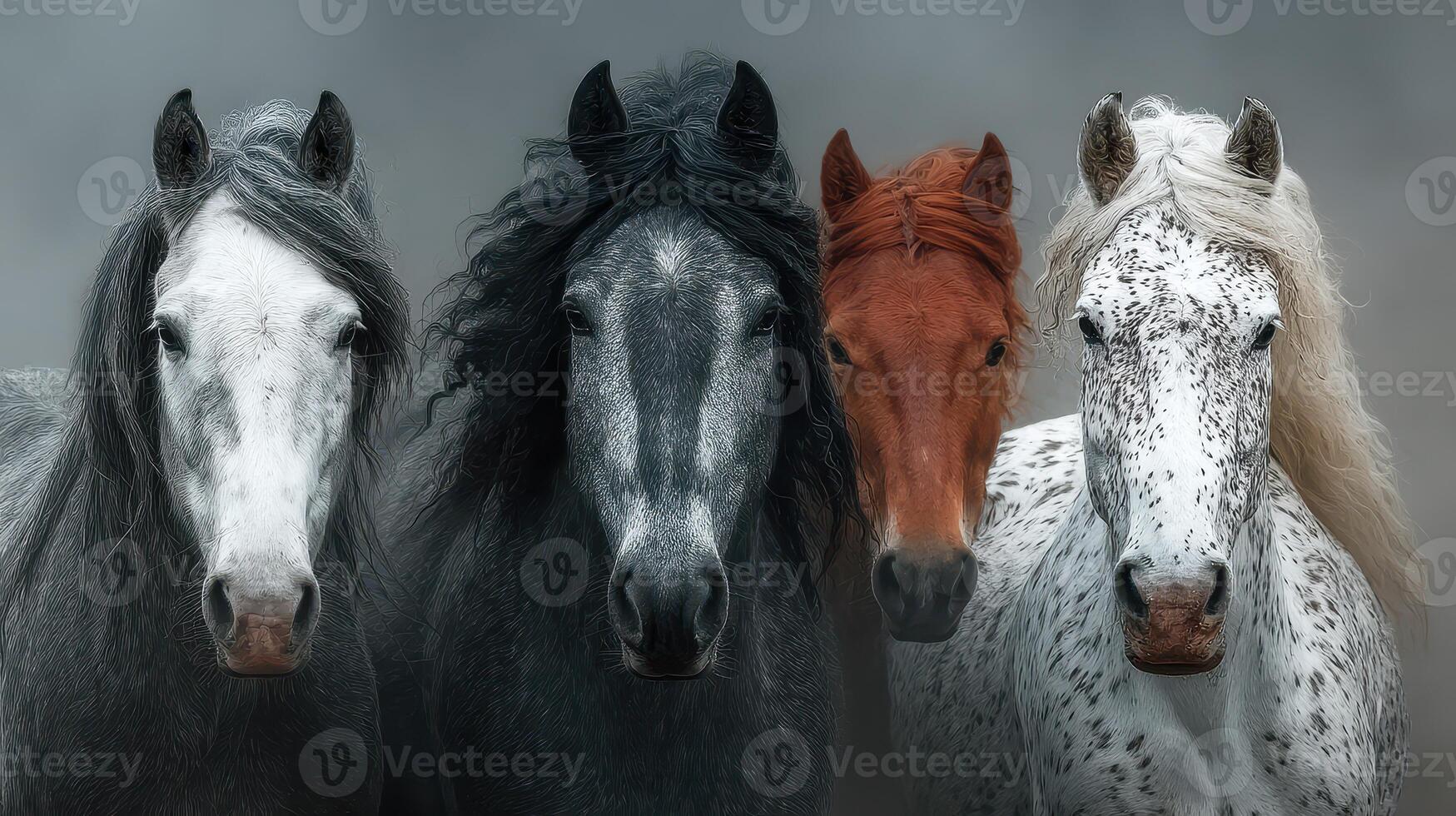 Four horses of different colors standing together in a misty landscape during early morning light photo