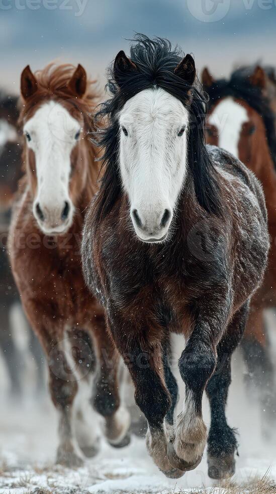 Herd of wild horses galloping through snowy field in late afternoon light near mountain range photo
