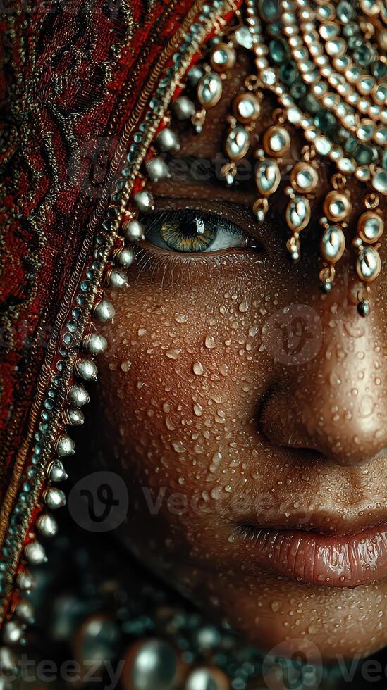 Close-up of a person with intricate jewelry and droplets on their face during a cultural event at sunset photo