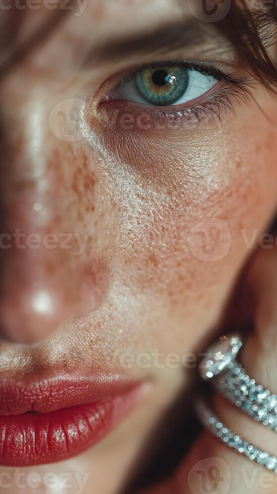 Close-up of a model showcasing natural beauty with striking blue eyes and vibrant lips during a beauty shoot photo