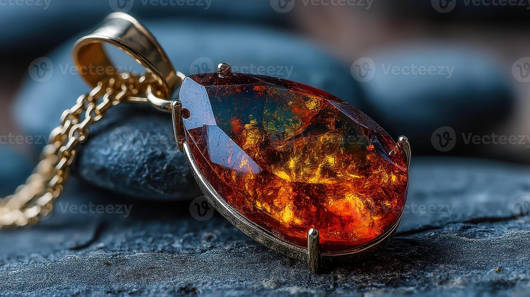 Intricate amber pendant displayed on dark pebbles with soft lighting highlighting its warm hues photo