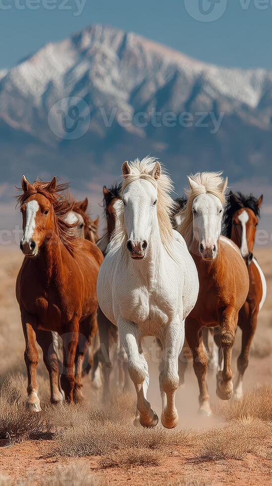 Majestic wild horses galloping across a dusty landscape with snow-capped mountains in the background photo