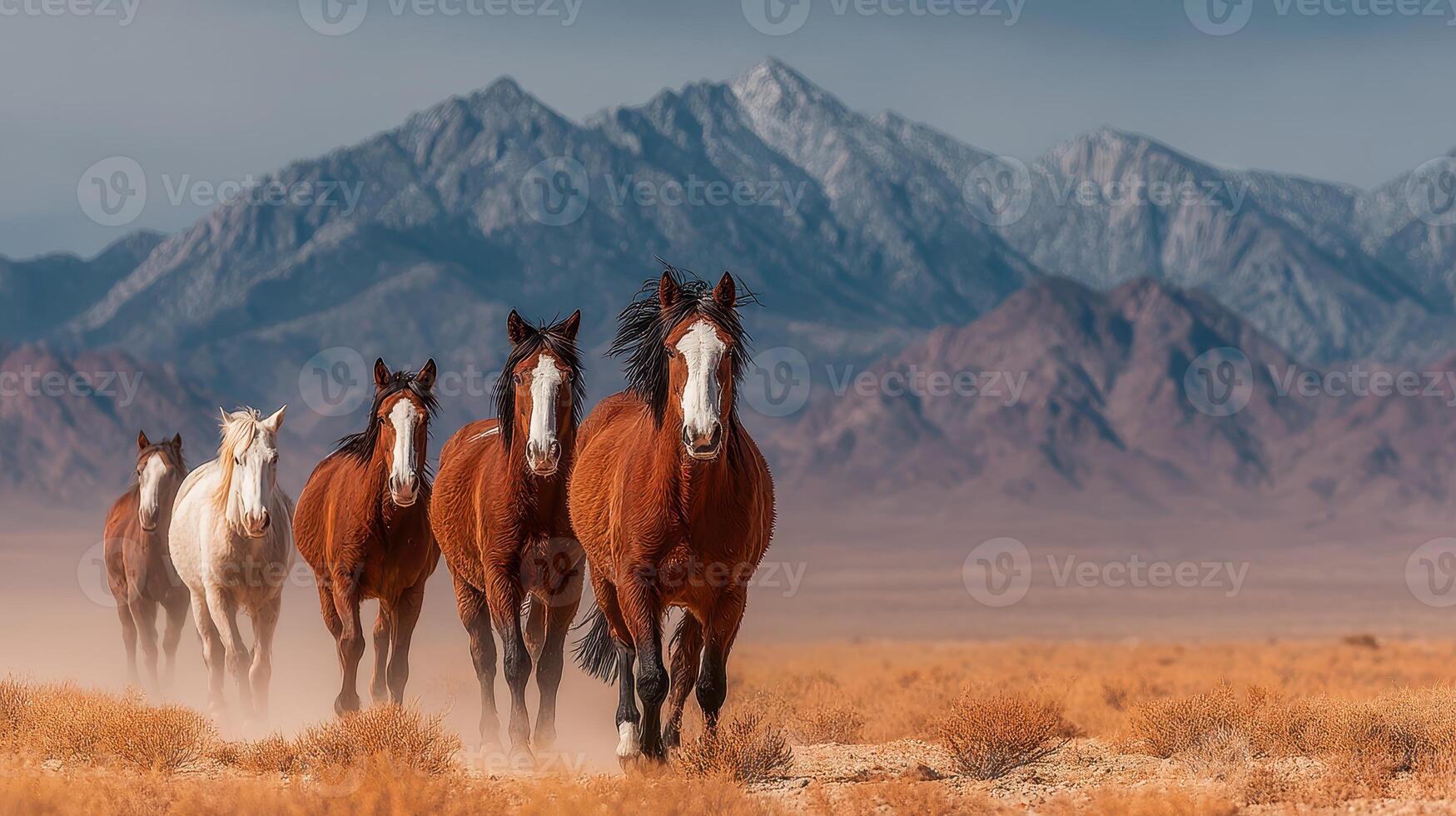 Majestic wild horses roam the desert landscape against a backdrop of rugged mountains at sunset photo