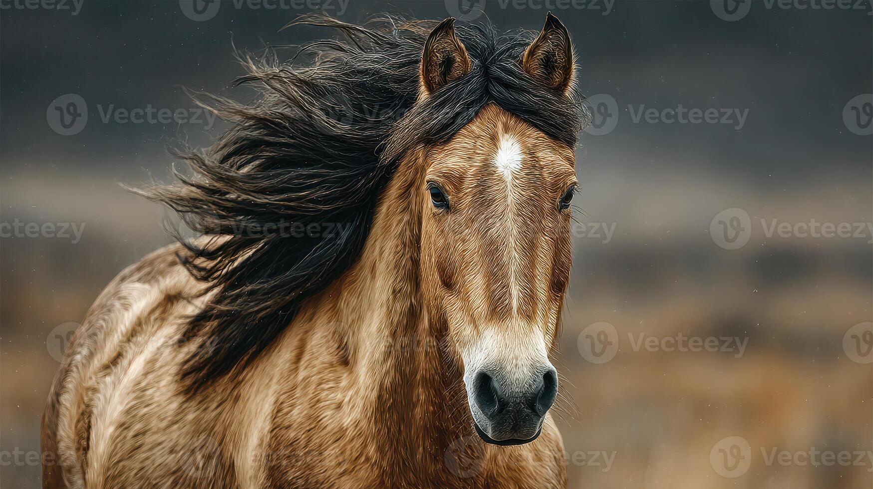 Majestic horse with flowing mane stands confidently in a scenic open field during a serene afternoon photo