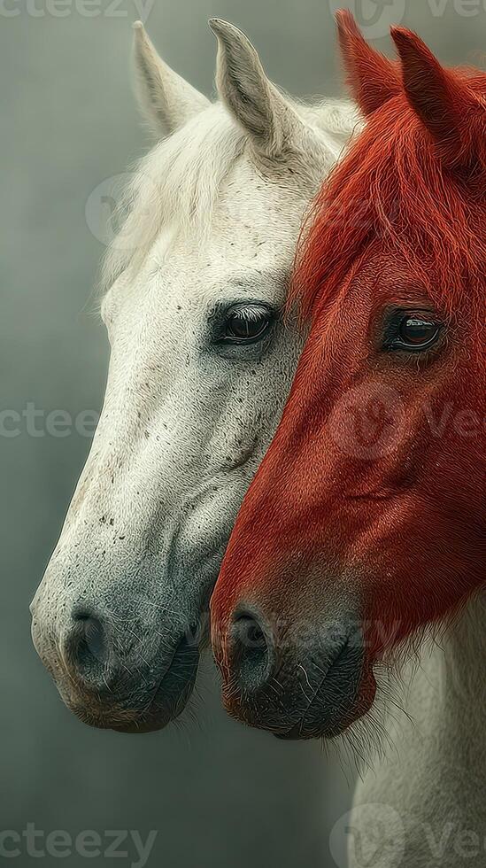 Portrait of two horses highlighting contrast of colors with a focus on details in a soft background photo
