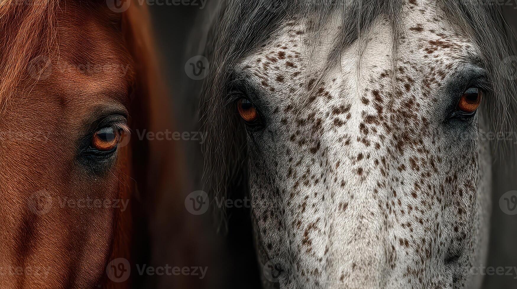 Two horses with striking eyes captured in close view showcasing unique fur patterns and expressions photo