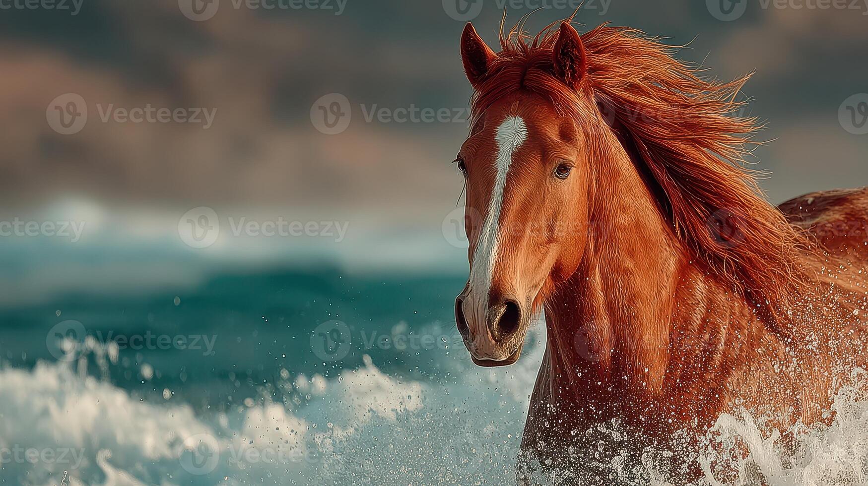 Wild horse runs through ocean waves at sunset along a picturesque shoreline, creating a stunning and dynamic moment of nature's beauty photo