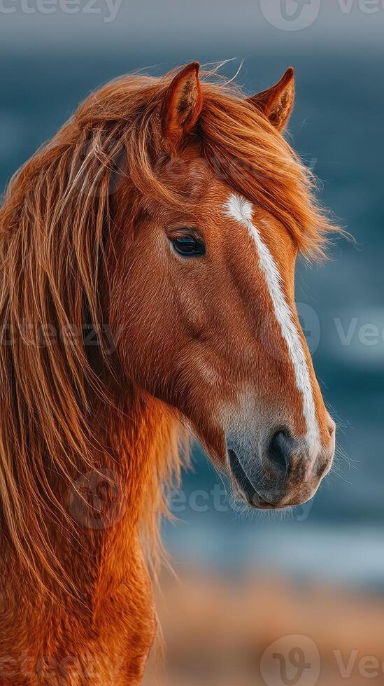 Majestic close-up of a brown horse with flowing mane against a vibrant coastal background during sunset photo